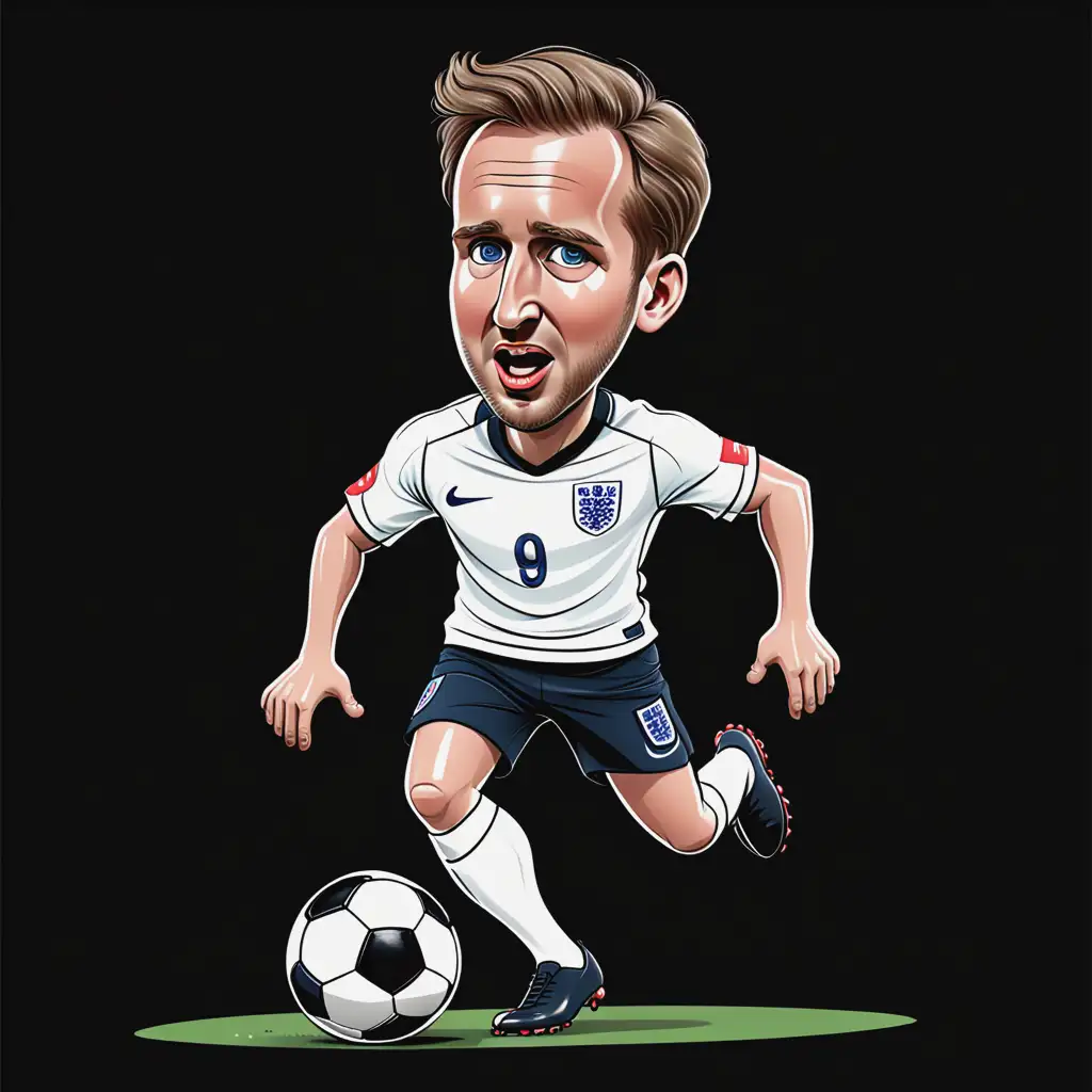 Childlike Caricature of Harry Kane Playing Football in England Kit