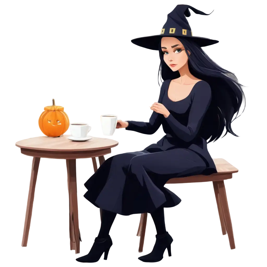 PNG-Image-A-Witch-Enjoying-Coffee-in-a-Magical-Setting