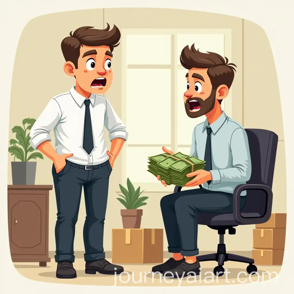 Two-Friends-in-an-Office-One-Frustrated-One-Calm-with-Cash