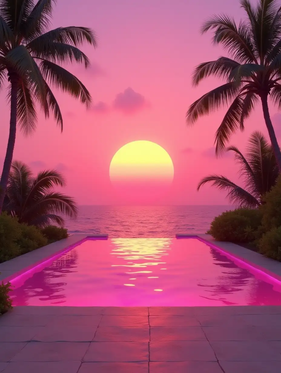 Surreal Tropical Sunset with Neon Infinity Pool