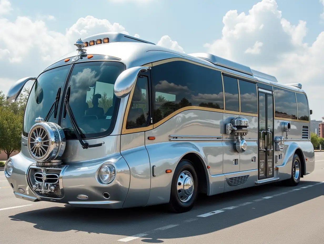 A super modern silver white bus with aluminum wheels Steampunk