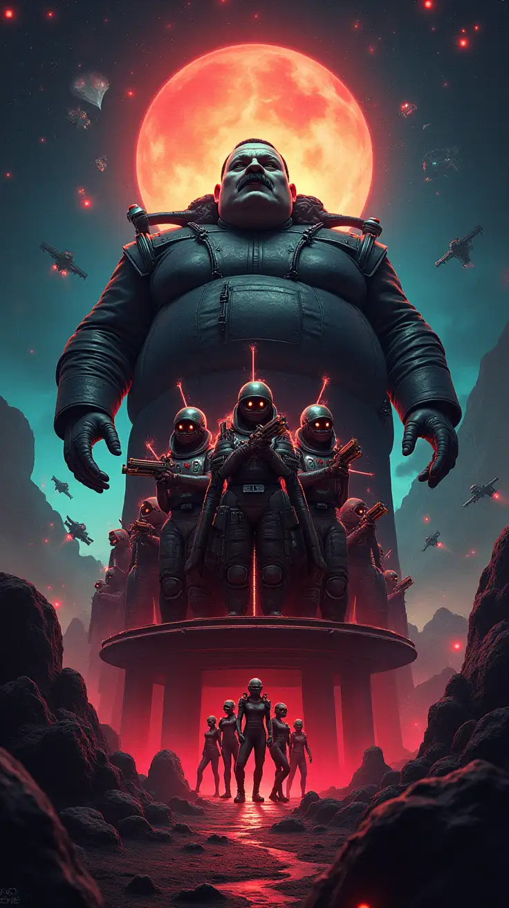 Design a vibrant, dramatic sci-fi poster for a space opera titled Rings of the Reich: Seeds of Chaos. The artwork should feature a dark, fortified asteroid base (Facility 42) glowing with eerie lights, surrounded by treacherous asteroids disguised as mines. In the foreground, showcase Heavy Hitler—a bloated, maniacal figure that looks like an obese adolf hitler in a futuristic armored hover-throne, his piercing eyes filled with ambition. He should loom menacingly over his creations:  mischievous humanoid millitary Squirrels wielding plasma pistols and wearing a tiny sparking jetpack, a group of sleek Sexy dark haired women in black bodysuits, striking synchronized combat poses. The background should depict a chaotic, star-filled galaxy with a looming threat of battle—explosions, rival ships, and a shattered Federation emblem. Highlight a tagline like, 'In a galaxy teetering on chaos, genius and madness collide.' Use bold, retro-futuristic typography for the title and tagline, blending a sense of adventure with a dark comedic tone. Ensure the colors are rich and vibrant, emphasizing deep blacks, glowing reds, and metallic silvers to reflect the tone of the story.