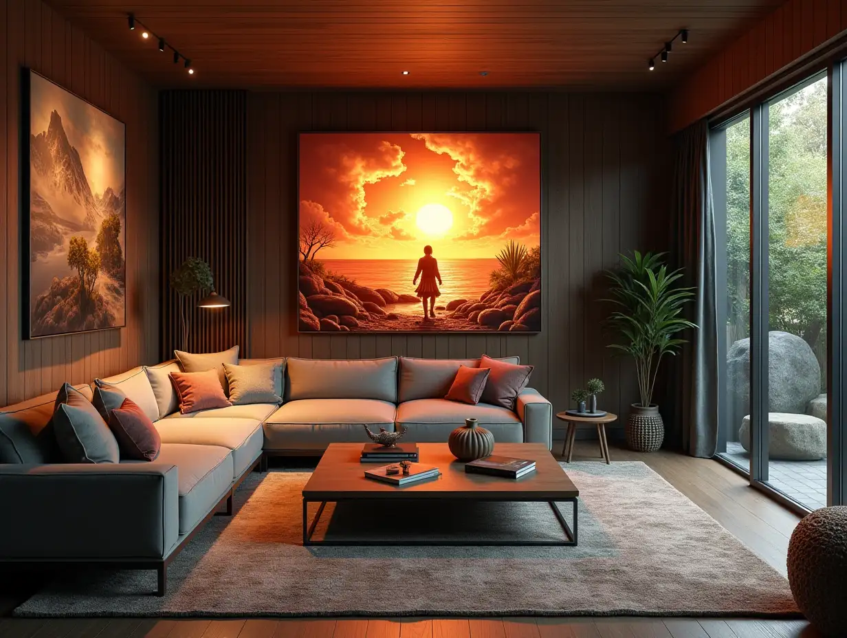 Large modern vintage living room, Illuminated Attack on Titan picture on the wall Zen-Garden with carefully tended rocks,  180 Degree shots 8K resolution Vibrant Colors