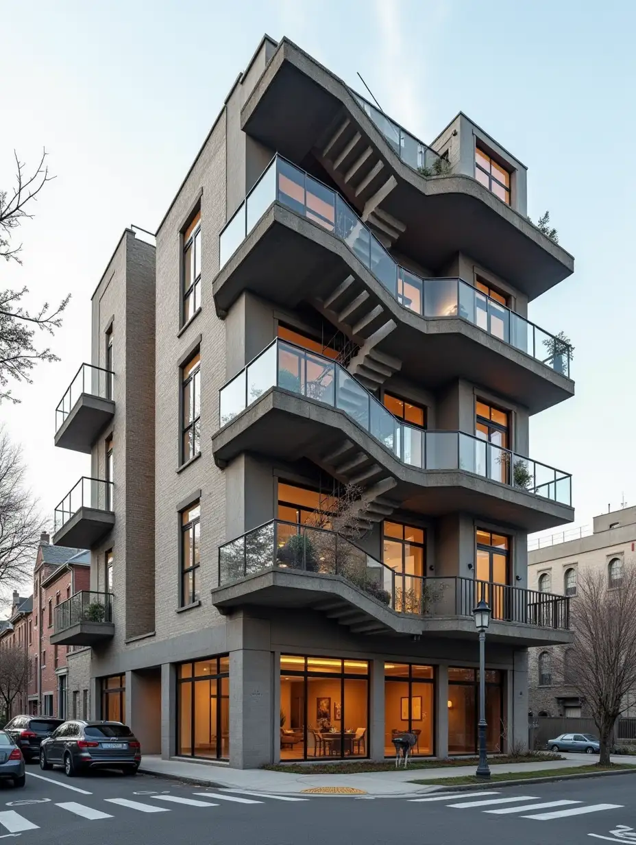 A six-story building turned sideways with the stairwell side