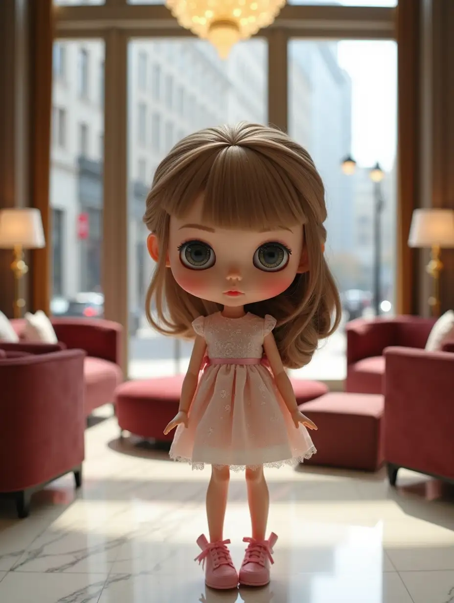 Big Blythe doll with low bun with a comb, light brown with pearl highlights, eye mechanism, transparent skin tone, in a romantic style, stands in the center of a luxurious boutique hotel lobby, floor-to-ceiling windows offer a view of the city streets, sleek modern furniture with velvet upholstery, marble floors, and golden accents, subtle lighting from designer fixtures highlights the refined atmosphere