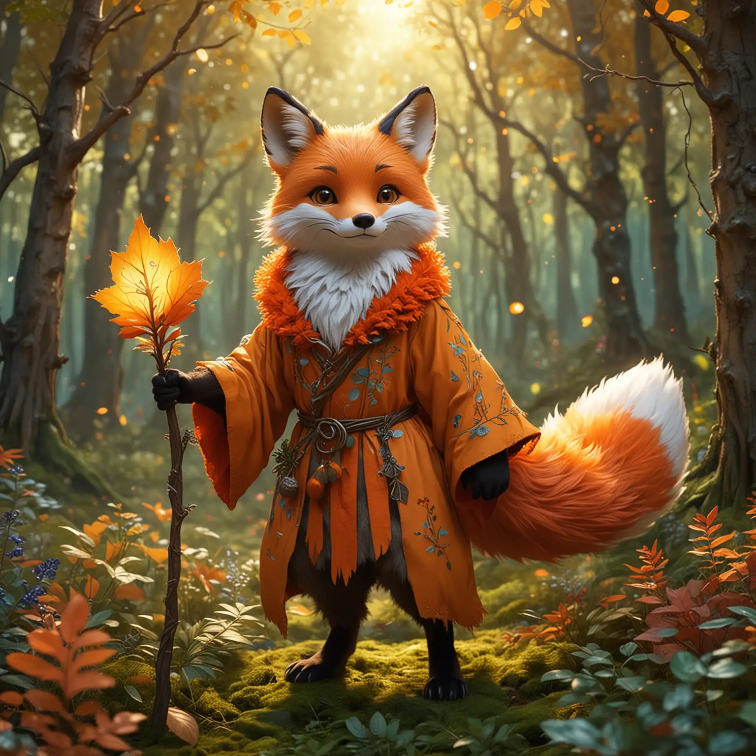 Design a cartoon-style anthropomorphic fox character with bright orange fur and a bushy tail. The fox is wearing a simple tunic made of enchanted leaves, holding a glowing staff with runes. The background is a colorful magical forest with glowing plants and soft sunlight filtering through the trees. The atmosphere is whimsical, full of life and light