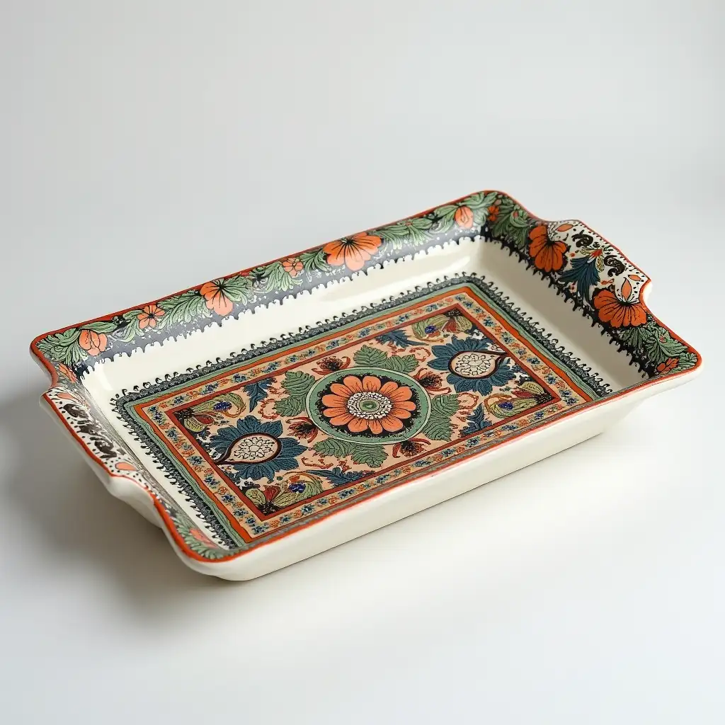 Bracketed rectanglere with rounded corners ceramic serving dish with embossed beautiful ceramic handle, Underglaze painting on white body, Fine art, Hyper detailed, Antique and old, Qajar art, Iranian Tabriz carpet design