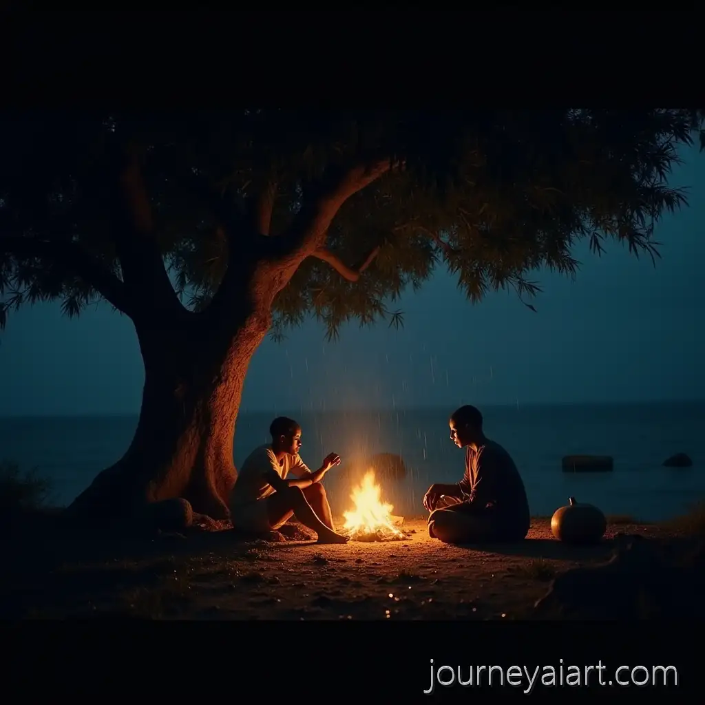 Night-Under-a-Mugumo-Tree-with-Firelight-and-Soft-Rain