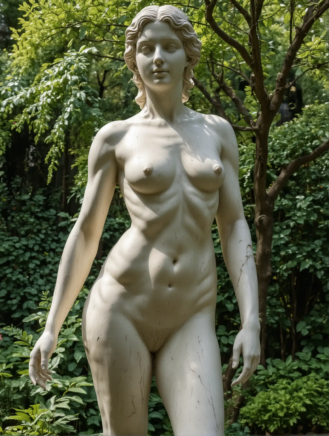 Marble-Statue-of-a-Nude-Girl-in-Lush-Garden-Setting