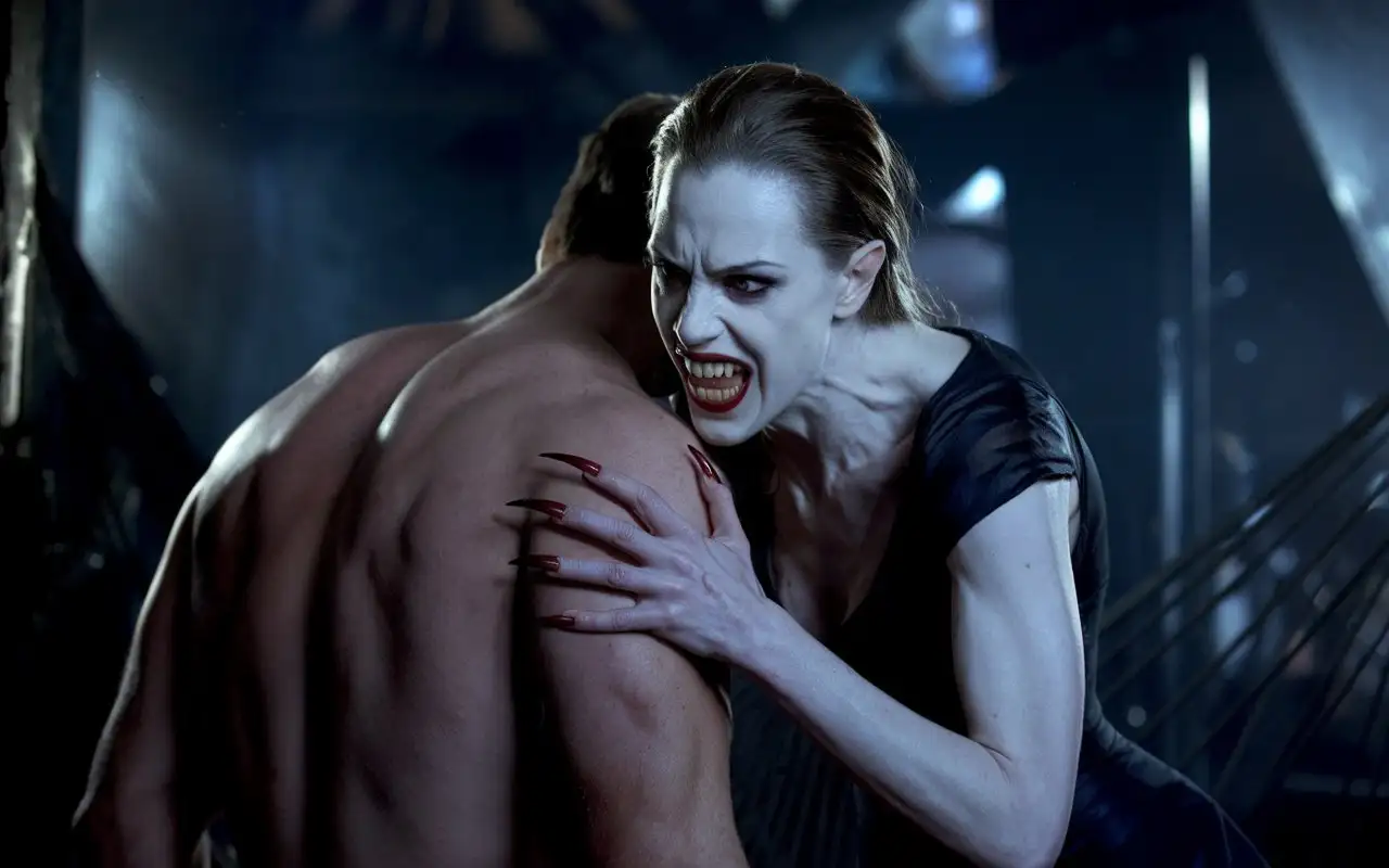 Vampire-Woman-Biting-Man-in-Dark-Intense-Atmosphere