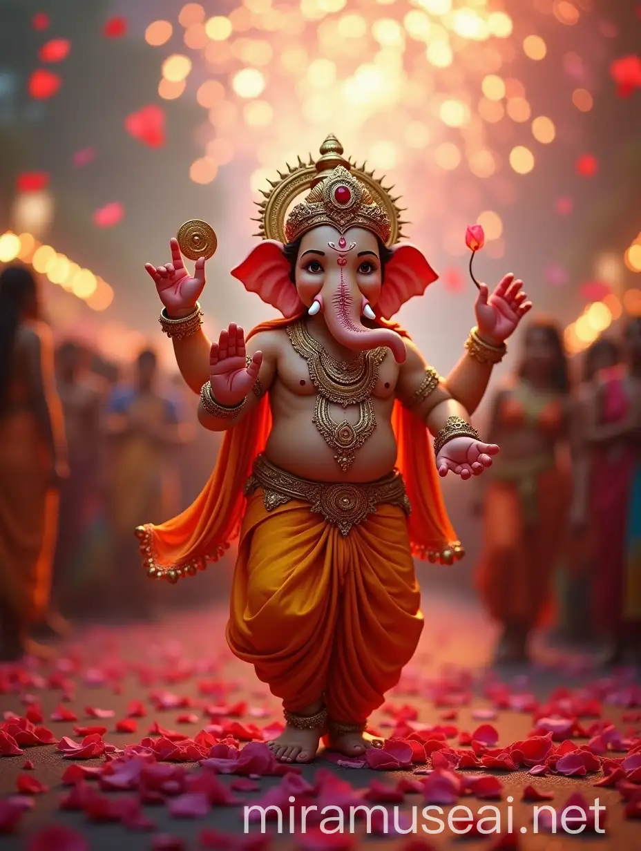 Celebration of Lord Ganesha Dancing with Indian Children and Rose Petals