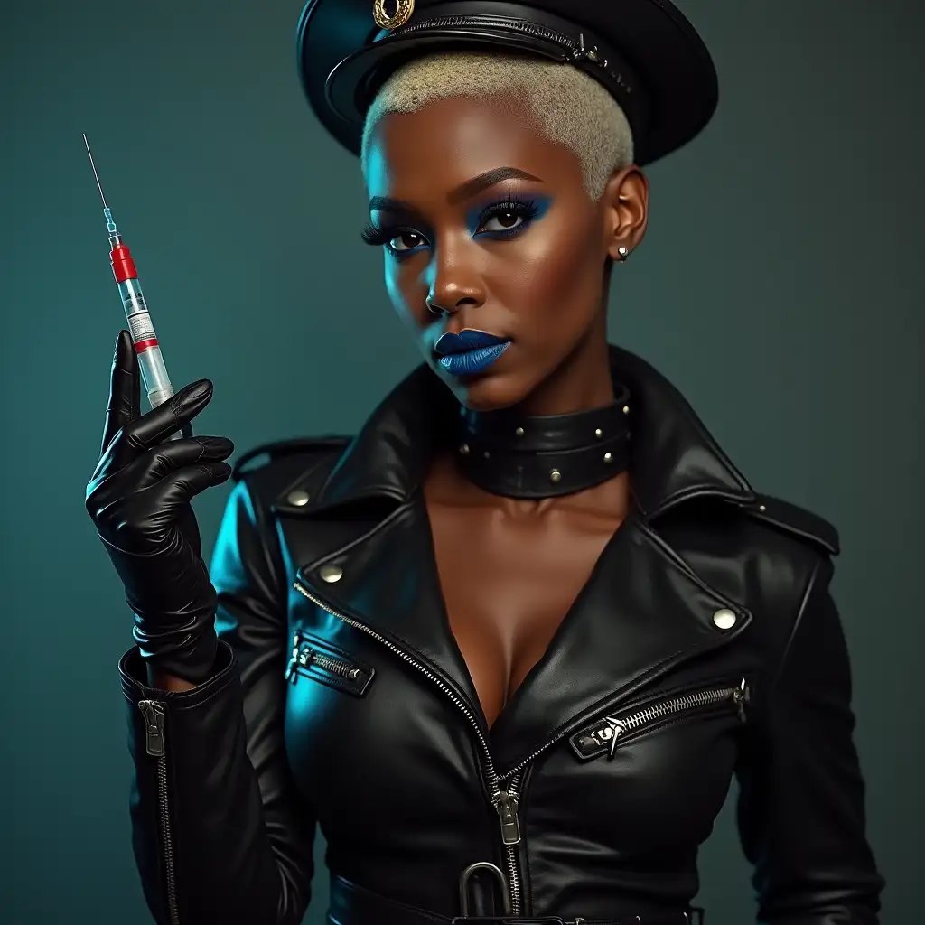 Confident-DarkSkinned-African-Woman-in-Leather-Attire-Holding-Injection-Needle