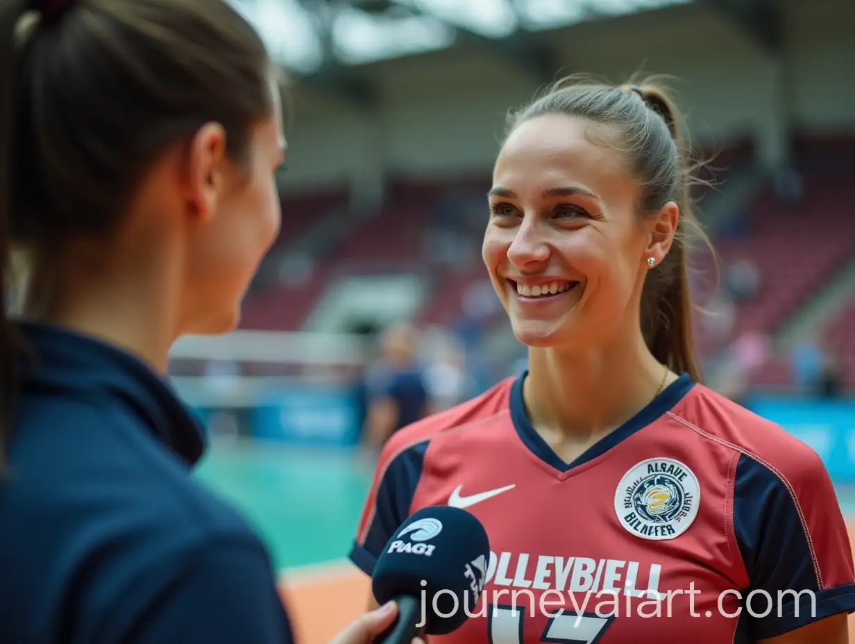 Tall-Female-Volleyball-Player-Smiling-During-Interview-with-Reporter-in-Indoor-Arena