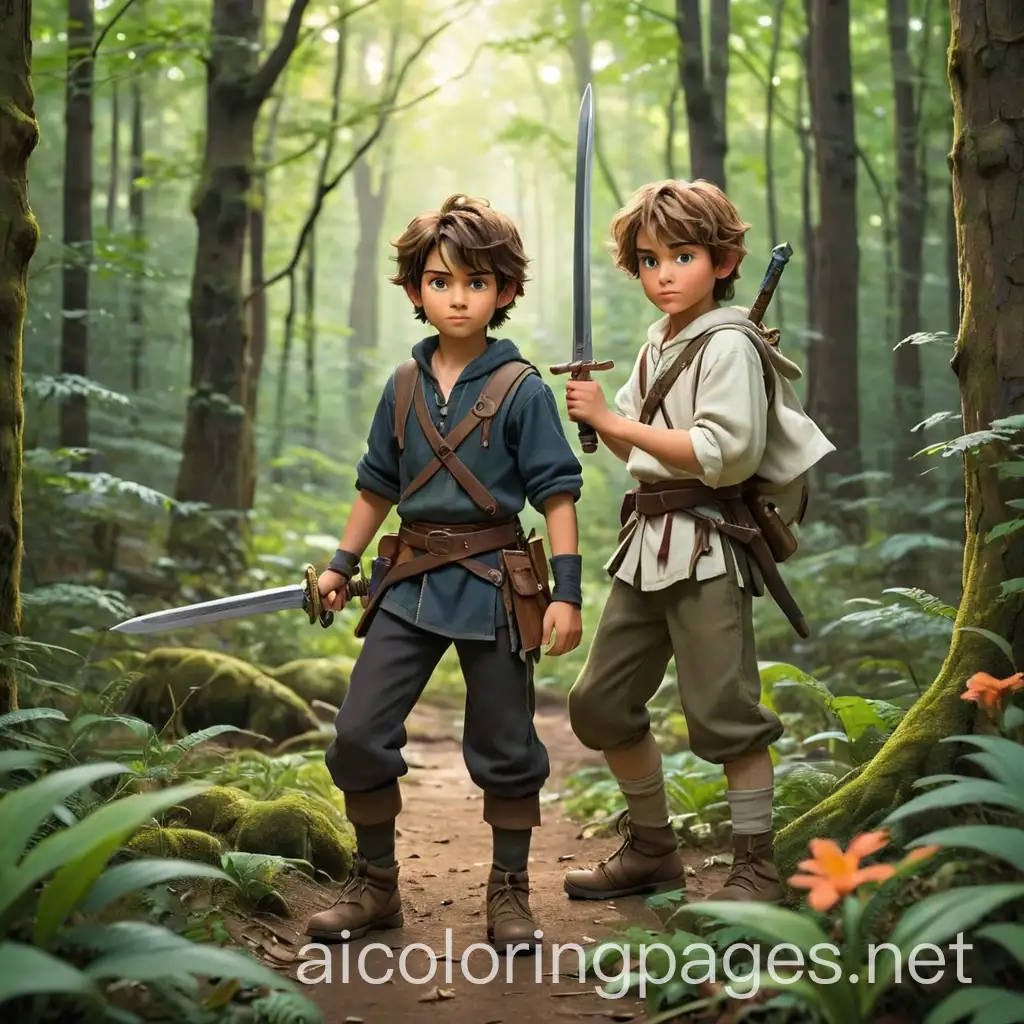 Fantasy-Village-in-Forest-with-Two-Boys-in-Fantasy-Clothes-Holding-a-Sword-Coloring-Page