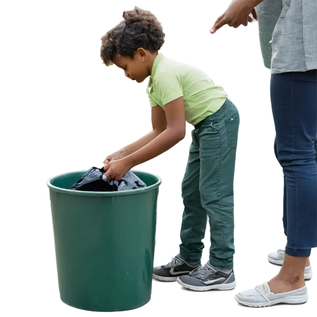 An African American child in a park, bending down to pick up a piece of trash and placing it in a nearby trash bin, with the park clean and green.