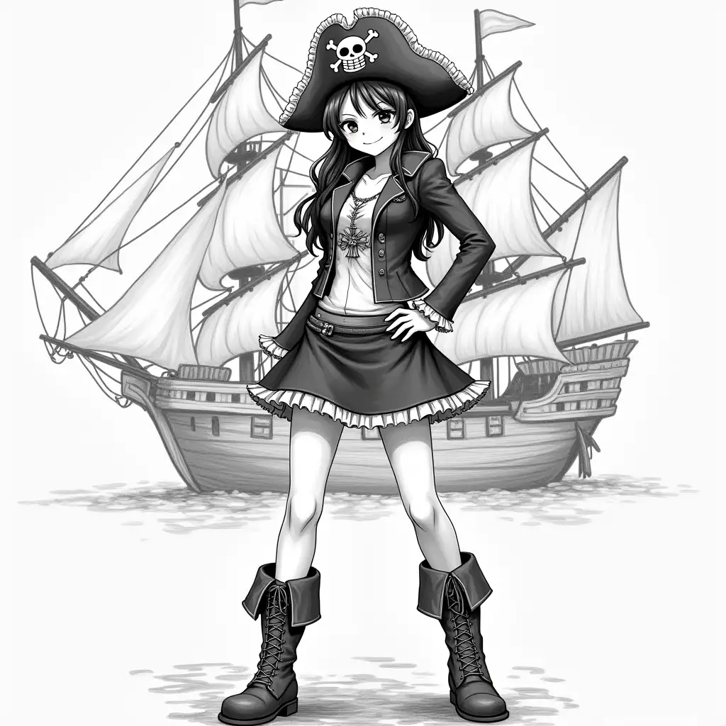 Girl-Drawing-with-Trafalgar-Hat-and-Pirate-Ship-Background