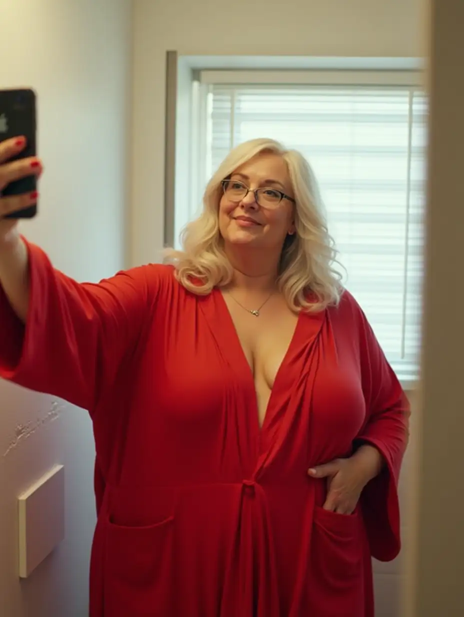 Curvy-50YearOld-Woman-in-Red-Robe-Taking-Mirror-Selfie-in-Fitting-Room