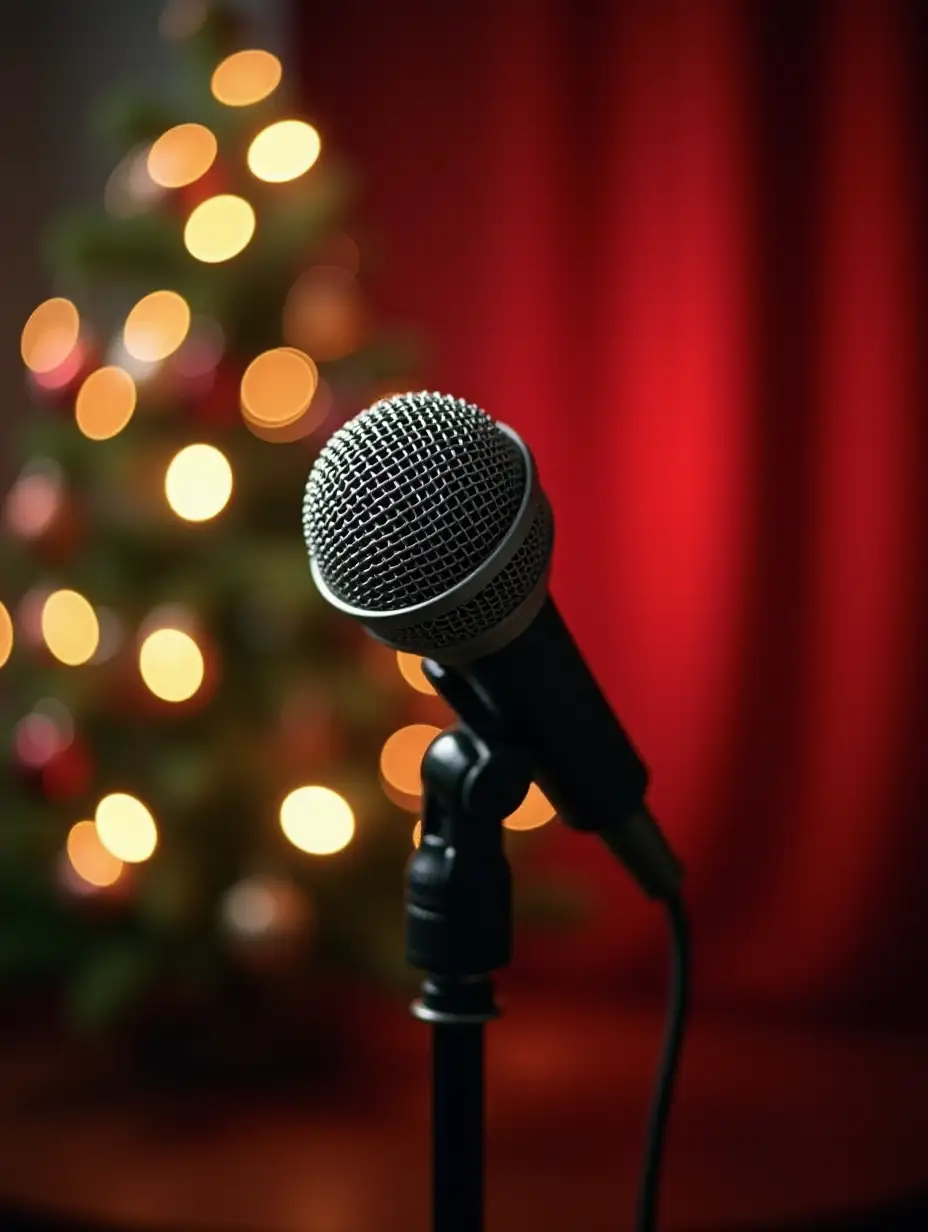 Christmas Karaoke Microphone on Festive Background