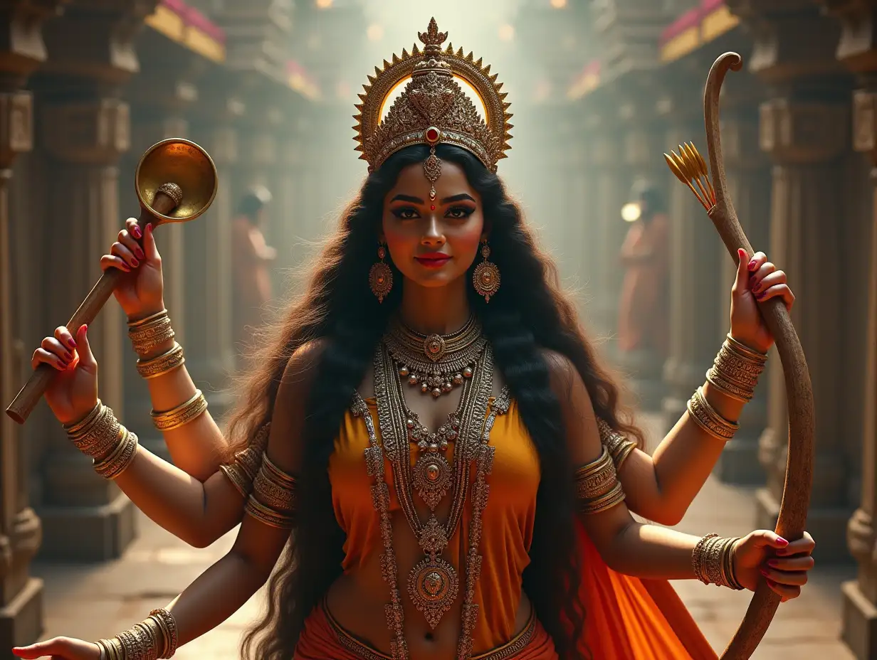 Indian-Female-Divine-Figure-with-Four-Arms-and-Temple-Background