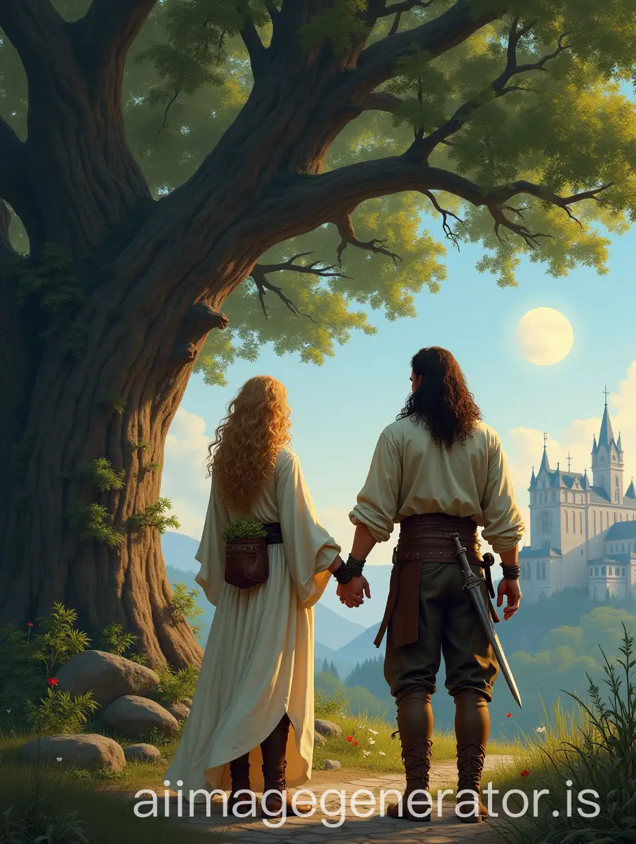 image for book cover. Fantasy world with a lot of nature, a centuries-old oak and 2 lovers from behind holding hands. The woman is 1m70, blonde, long curly hair in leather pants, a long white tunic shirt with a black leather belt over it. A brown leather pouch on the belt with medicinal herbs inside. The man, 1m95, brown, long hair, well-groomed beard, athletic build. He wears brown leather pants, beige linen shirt, a dagger at his belt. In the top right corner, a starry sky and distant full moon. Somewhere in the background a palace, a forest, nature