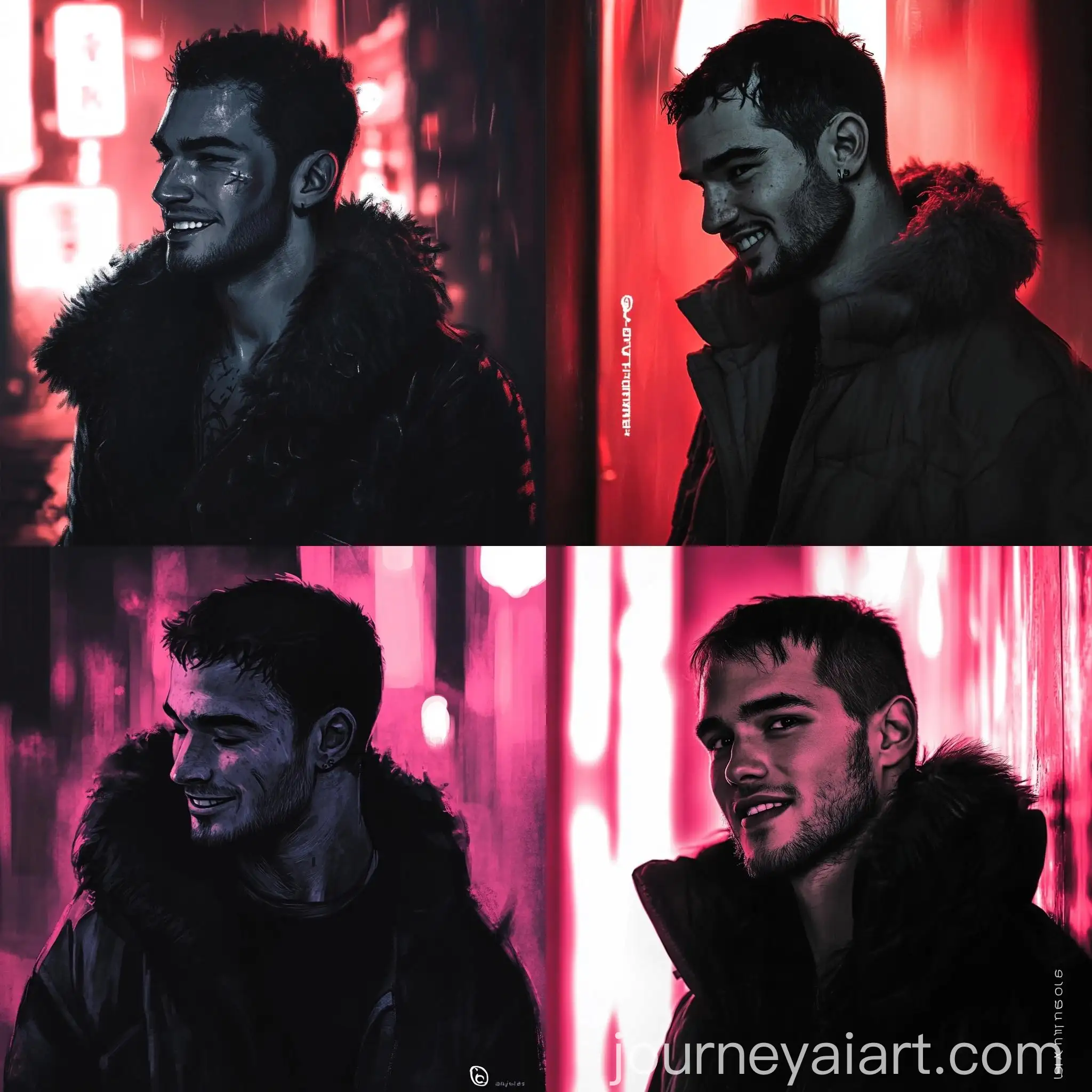 Man-in-Jacket-with-Collar-in-Gloomy-Evening-Atmosphere-with-Neon-Lights