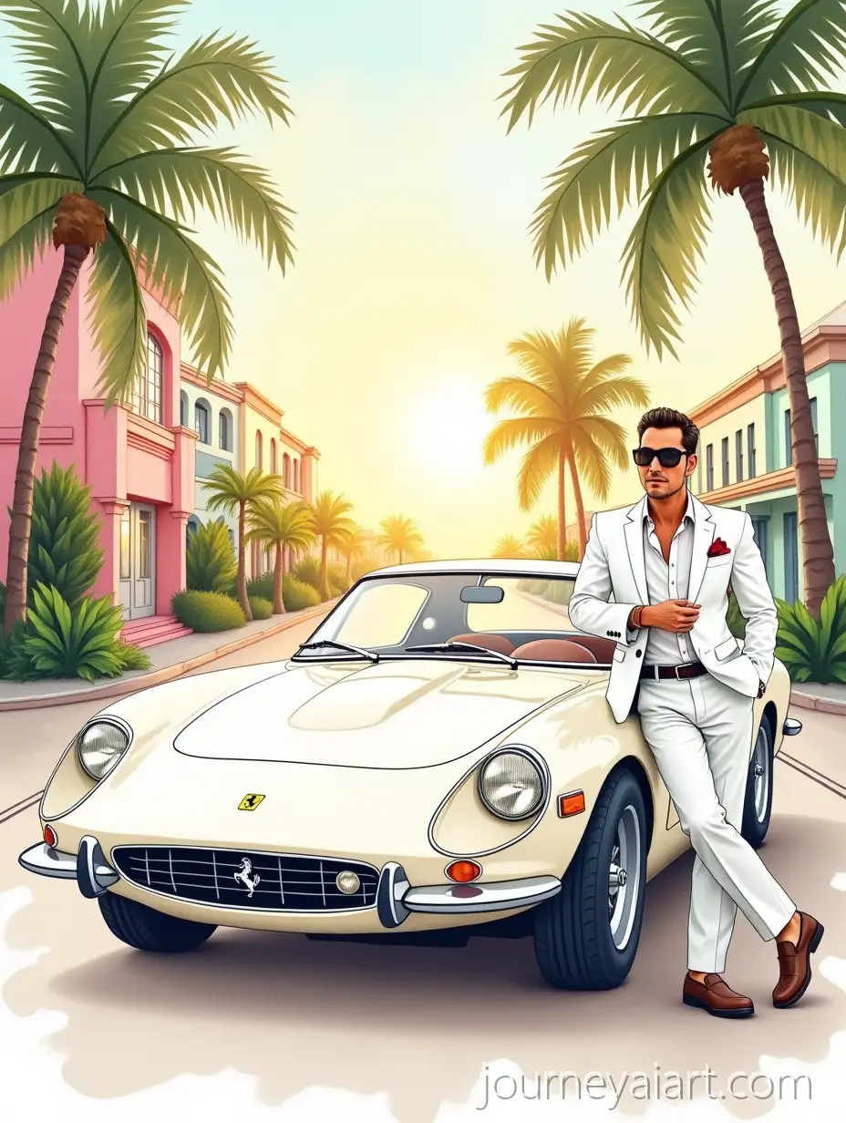 Retro-Miami-Luxury-Vintage-Ferrari-and-Businessman-in-Sunset-Glow