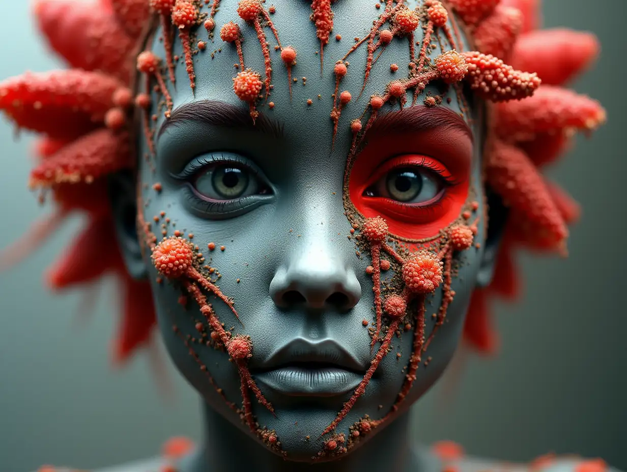 Face with grey and red Fly Agaric roots transformed into building