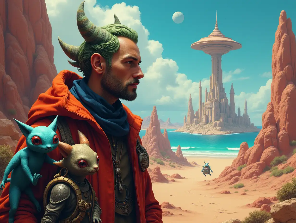 Hyperrealistic portrait of a multiverse time traveler with various strange alien beings Detailed, colorful desert forest in the background with an utopian tower and sea