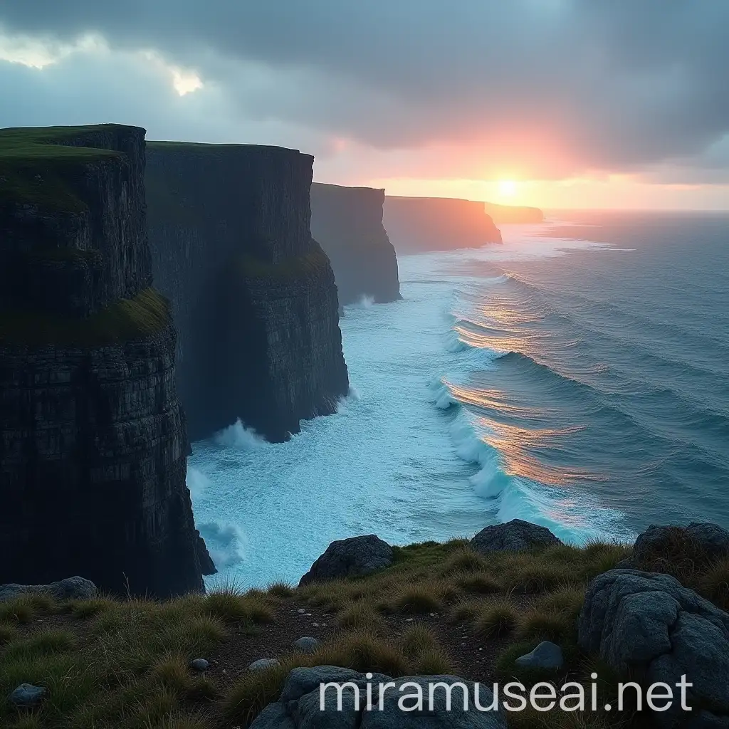 Dramatic Nordic Landscape at Dawn with Stormy Sea and Rugged Cliffs