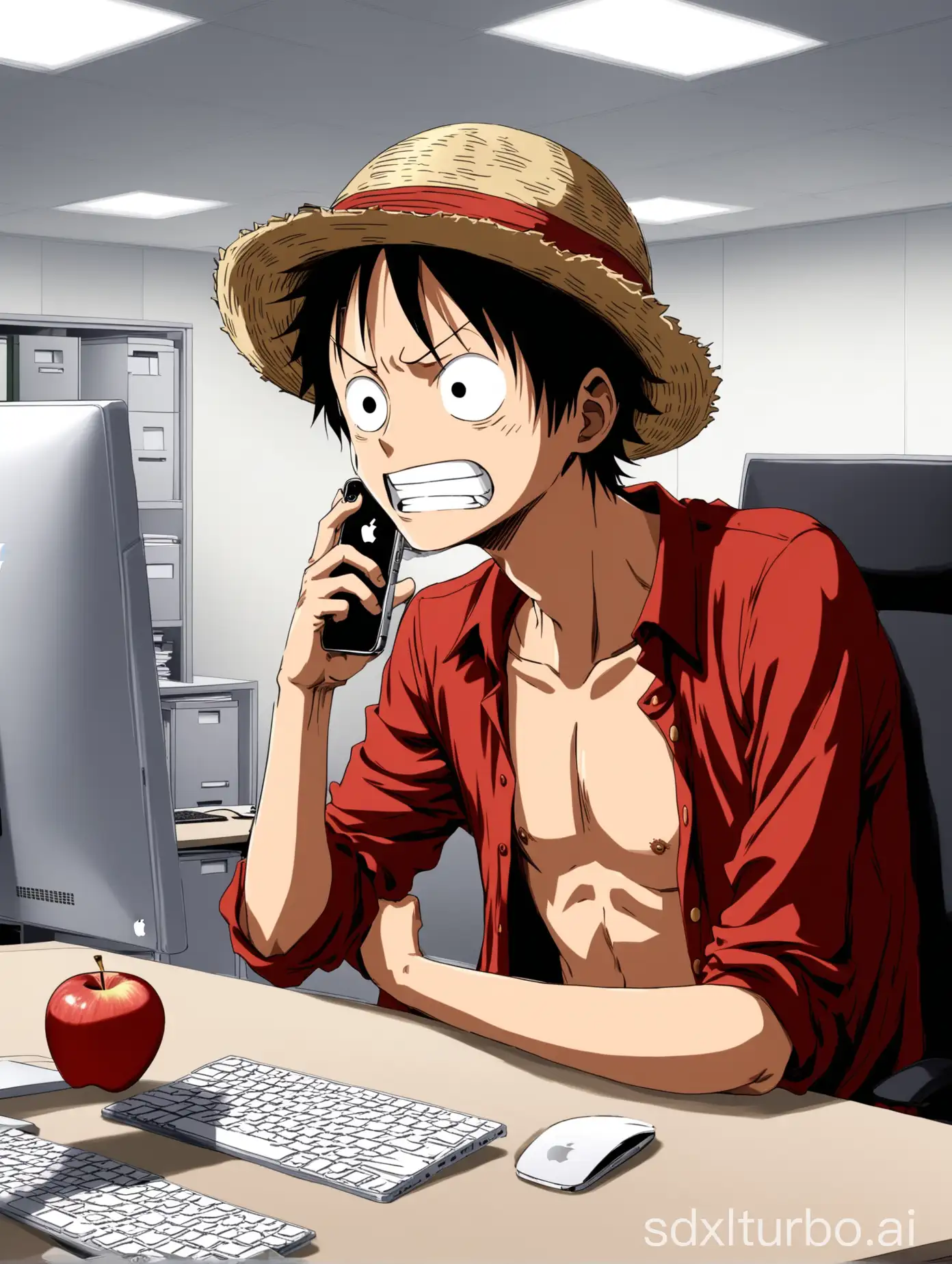 Luffy-Working-Late-at-the-Office-with-Apple-Technology