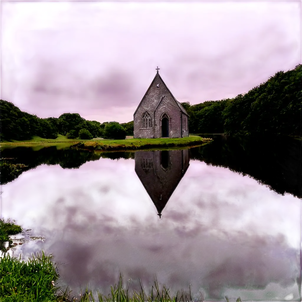 A small stone church surrounded by a lake in Ireland.