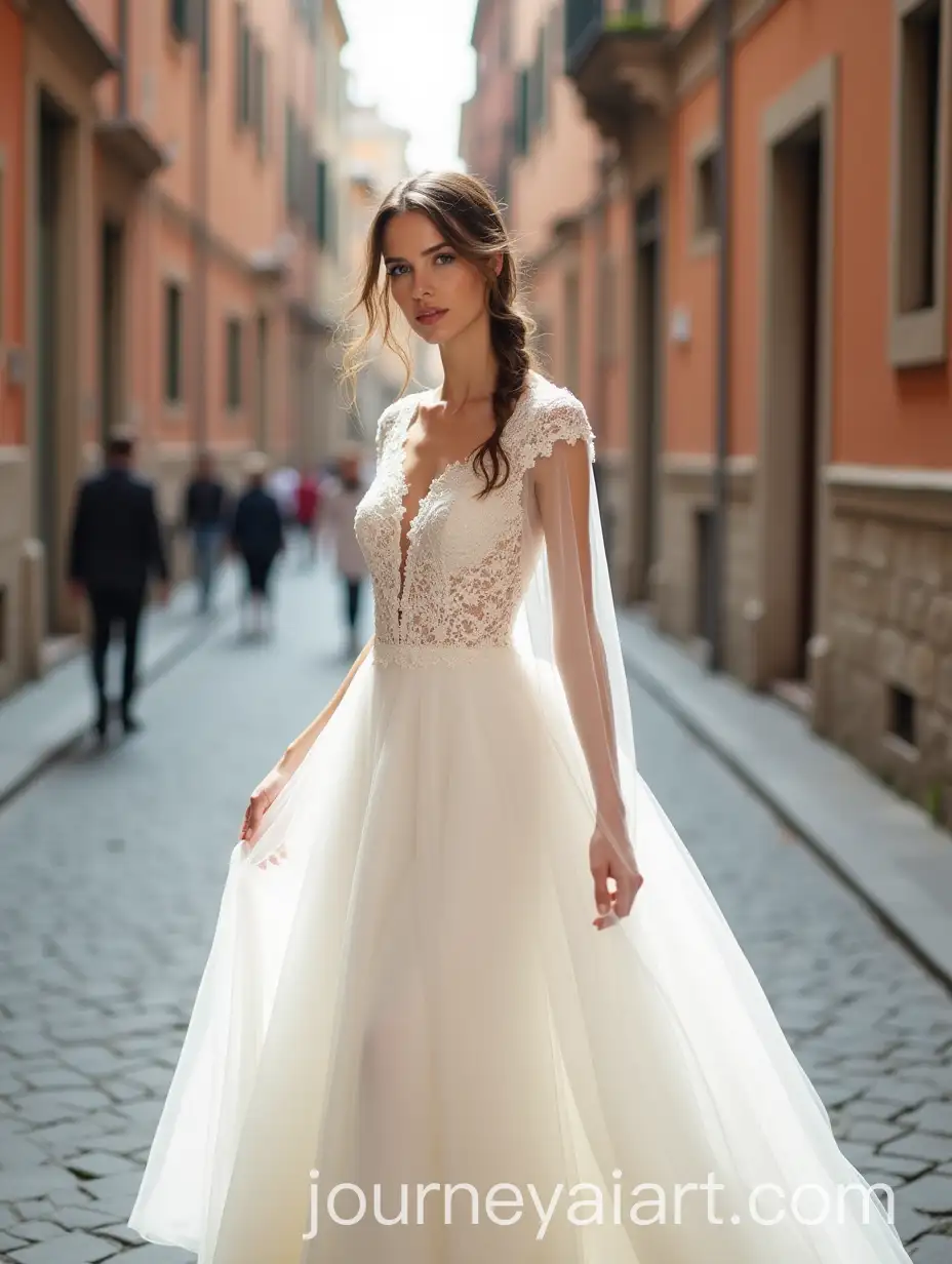 Model-in-Wedding-Dress-with-Organza-Sleeves-Walking-Through-the-Streets-of-Rome
