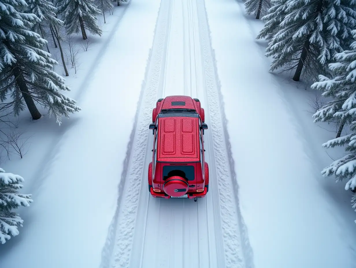 bird's-eye view, red Mersedes G63 is driving along a snow-covered road, flanked by a winter forest, it is snowing, red Mersedes G63 has its back to us, top and rear view