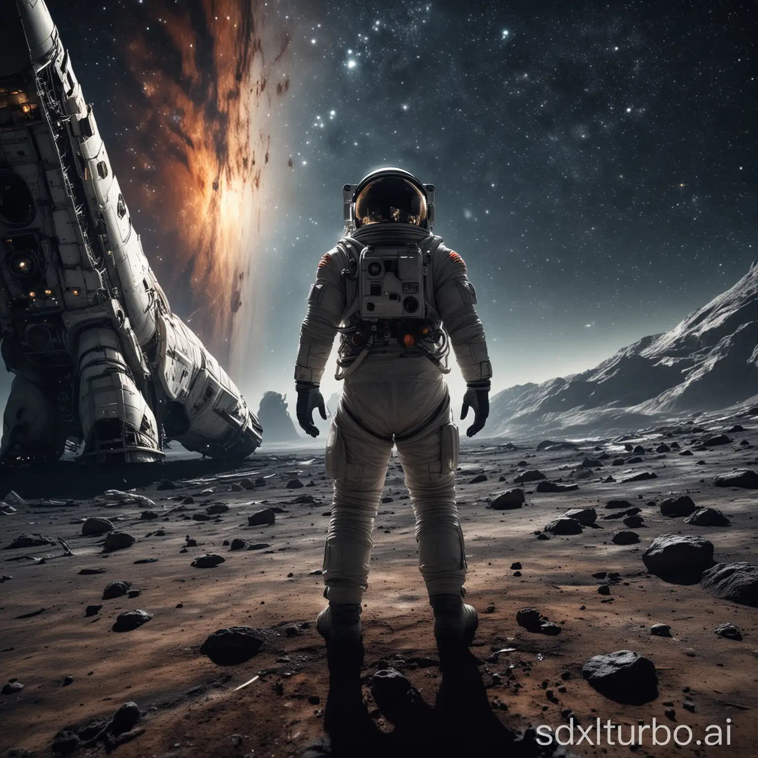 Astronaut-on-New-World-with-Spaceship-and-Starry-Sky