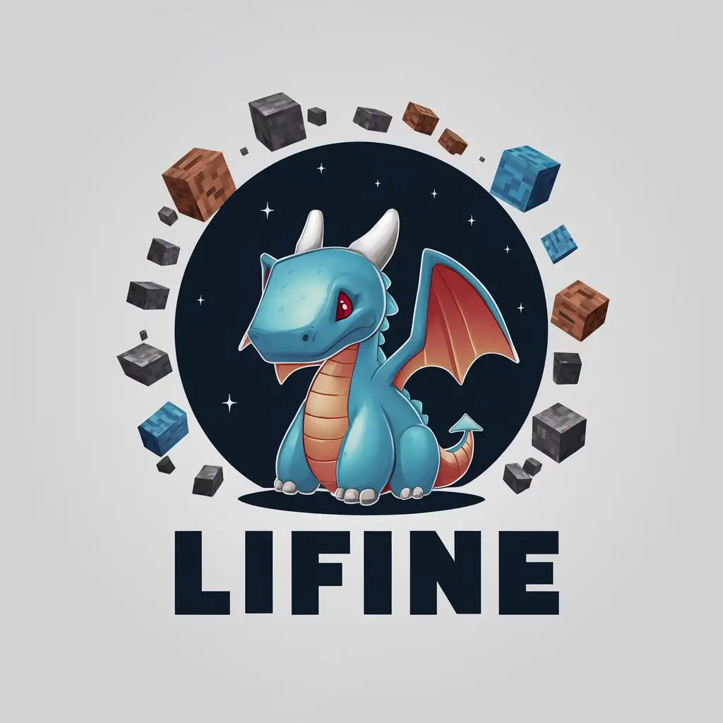 a vector logo design,with the text "Lifine", main symbol:3D small sitting dragon with a large addition of blue and a little red on a space background around which float Minecraft blocks,complex,clear background