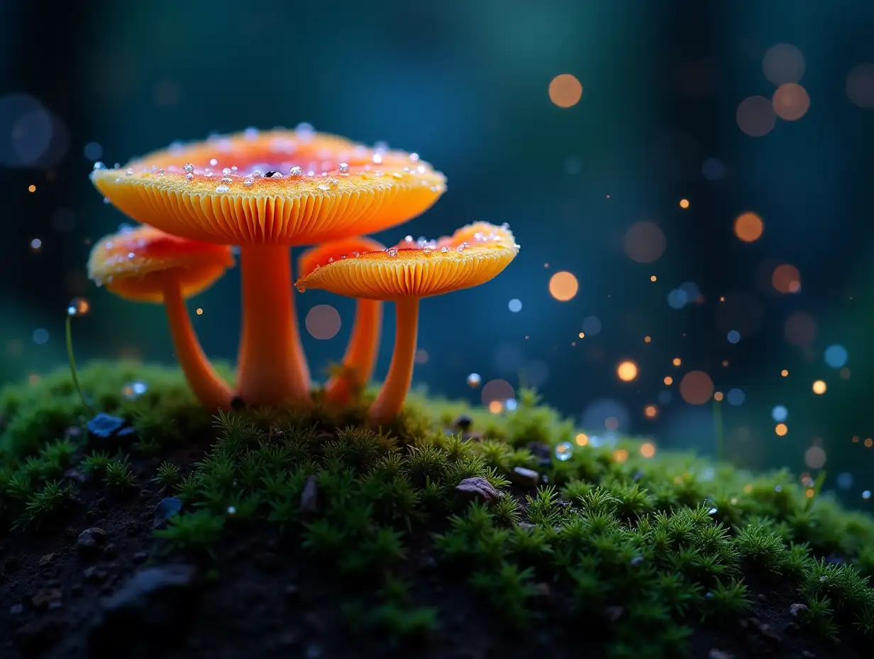 Mushrooms, moss, colored lights