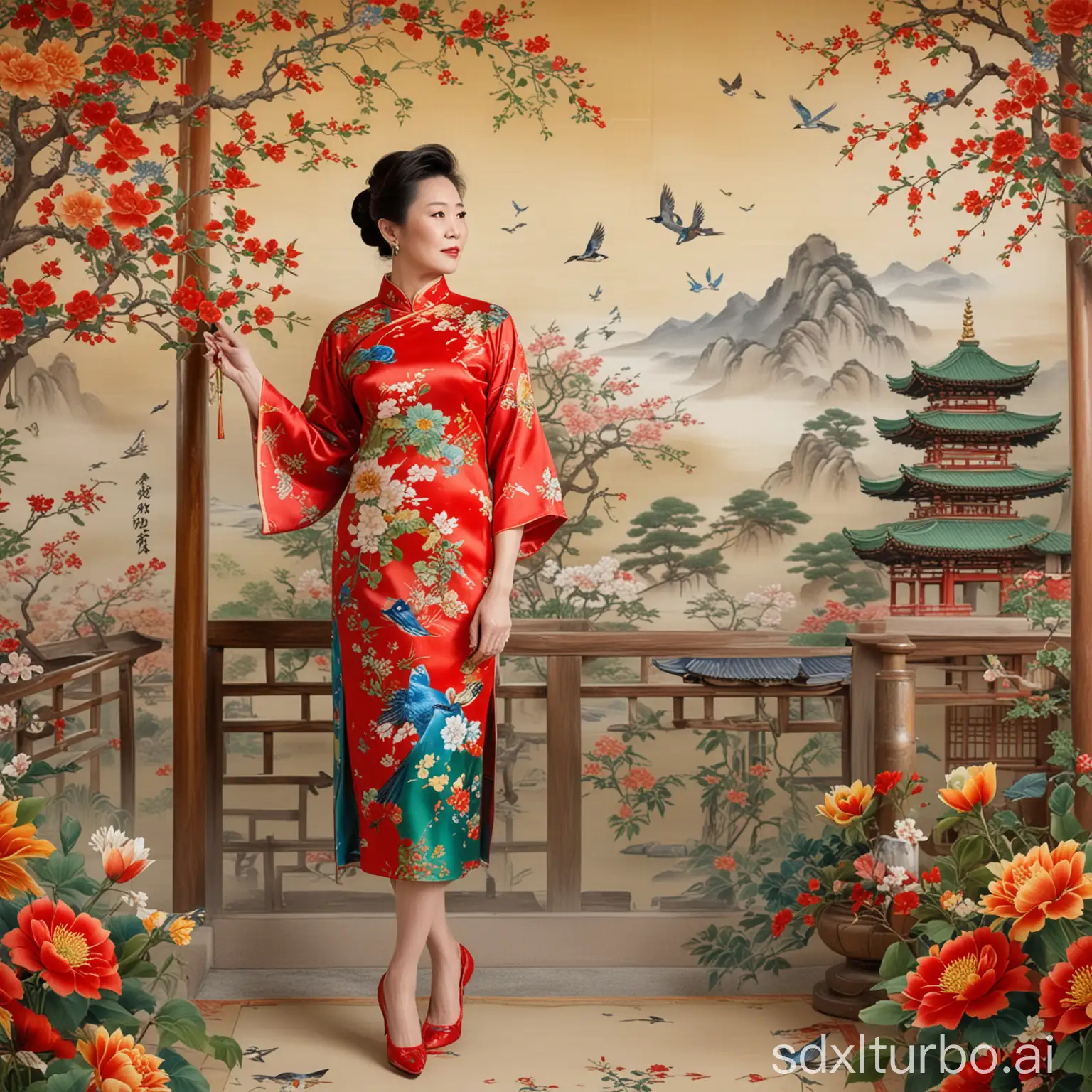 An elegant and noble middle-aged woman is wearing a colorful cheongsam in red, green, yellow, blue, etc. The fabric is silk, and the pattern is flowers and birds. She is wearing high heels and standing in the background with birds singing and flowers blooming. The background is hand-painted bright flowers, birds, and Japanese shrines.
