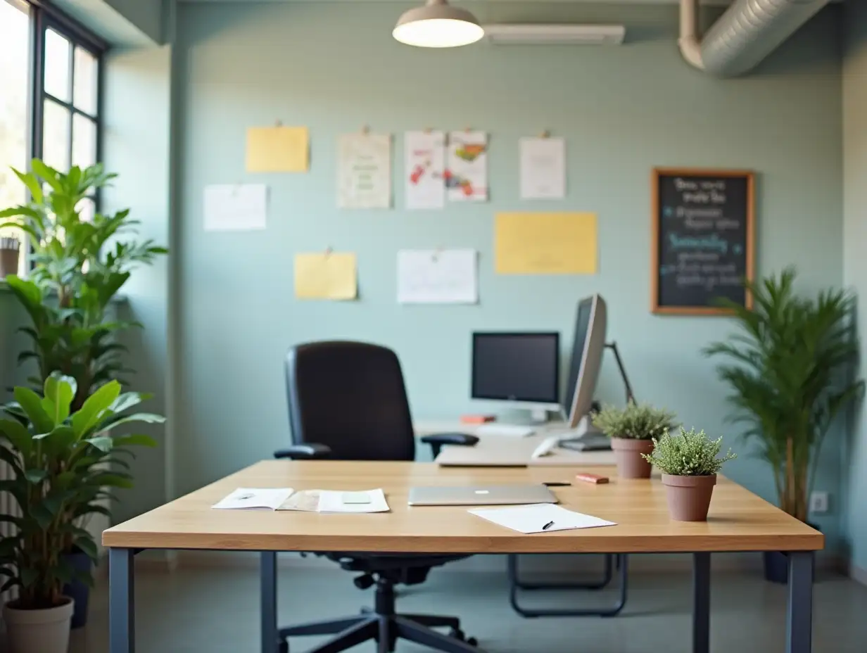 Office background of a desk, usual office decoration with posters and greenery.