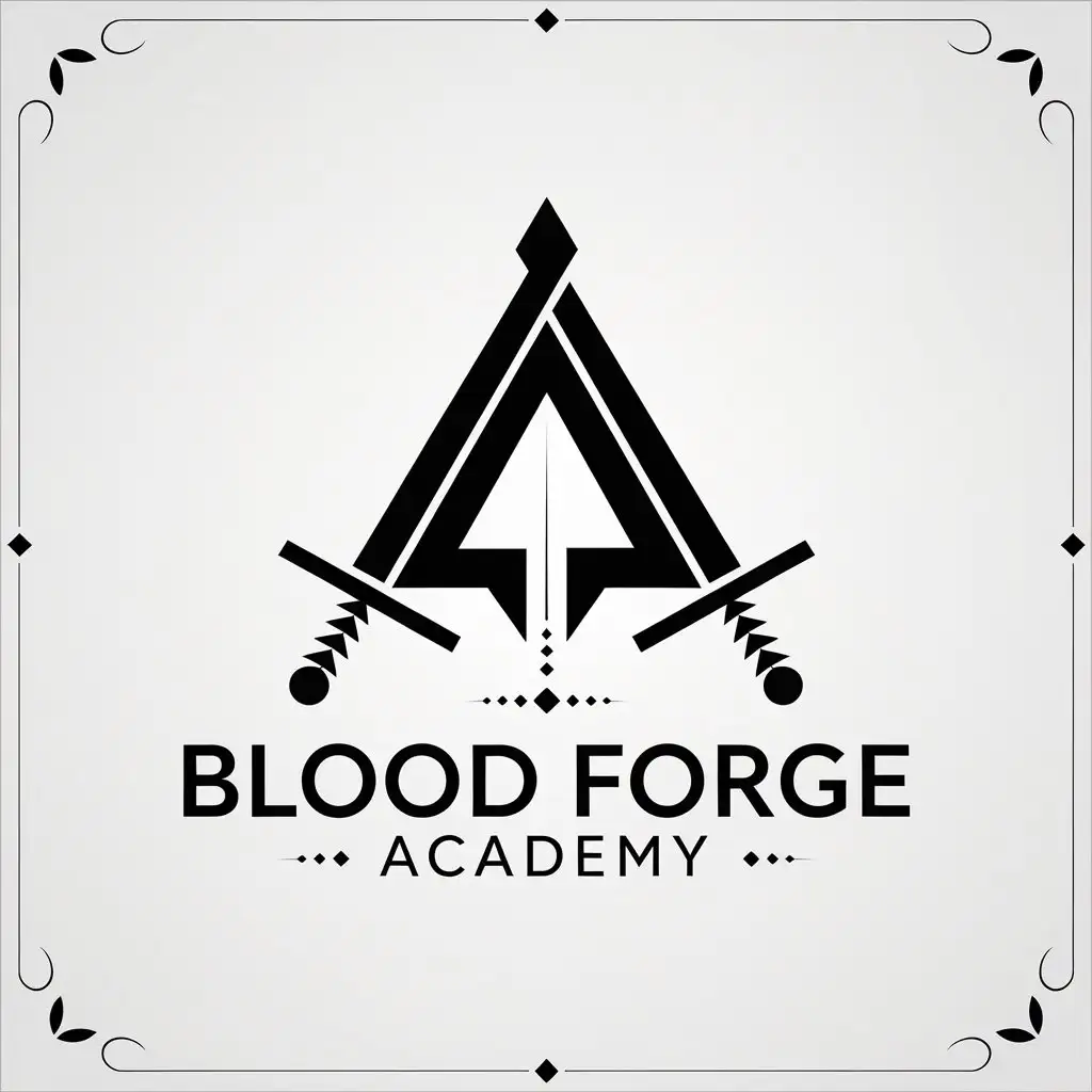 LOGO Design for Blood Forge Academy Minimalist Black White with Intersecting Swords Forming A