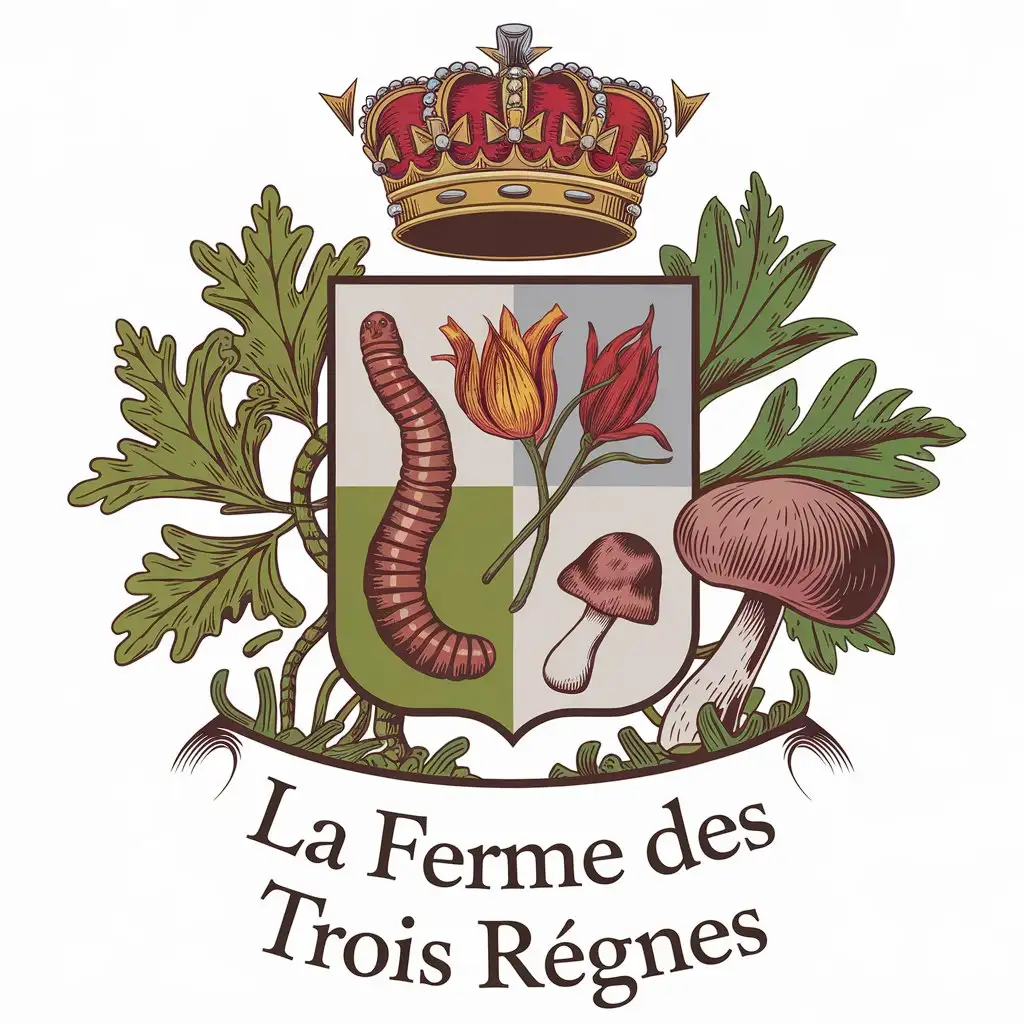 LOGO-Design-for-La-Ferme-des-Trois-Rgnes-Three-Crowns-Earthworm-Saffron-Flower-and-Edible-Mushroom-in-a-Realistic-Coat-of-Arms-Style