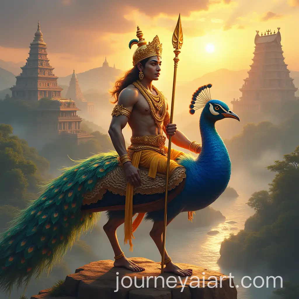 Lord-Murugan-on-Vibrant-Peacock-with-Golden-Spear-in-Mystical-Temple-Landscape