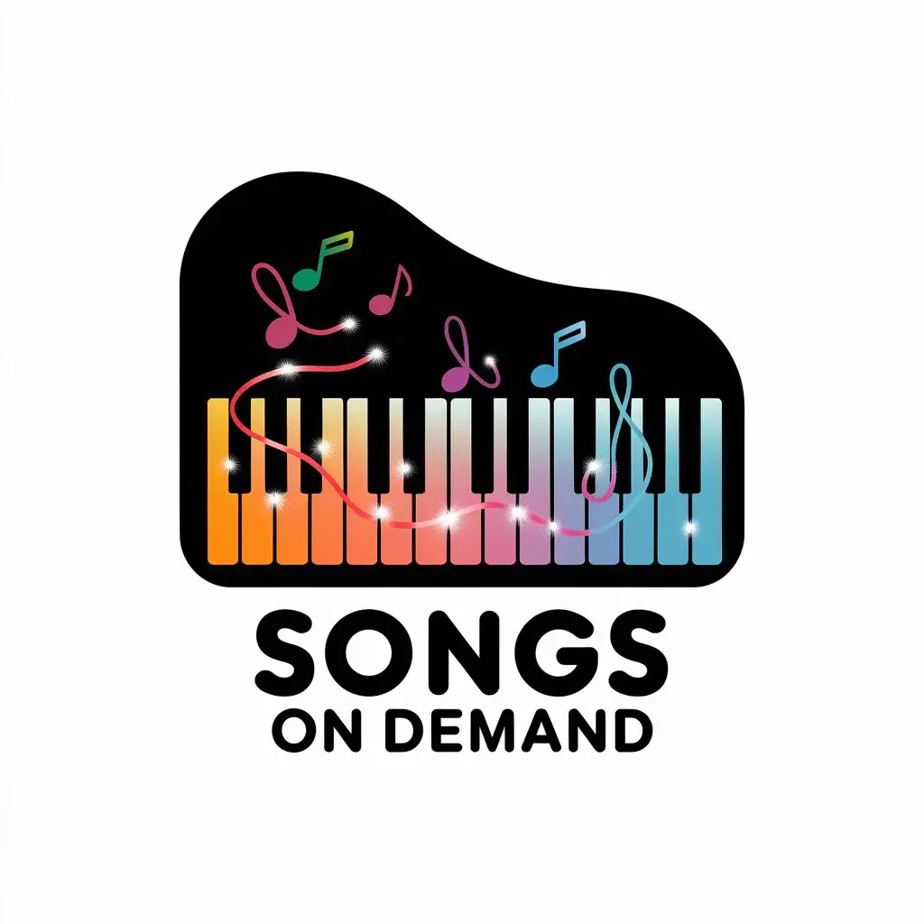 a vector logo design,with the text "Songs on demand", main symbol:Piano keys in festive lights, festive ribbons, notes flow as if they are being sung,Moderate,be used in Technology industry,clear background