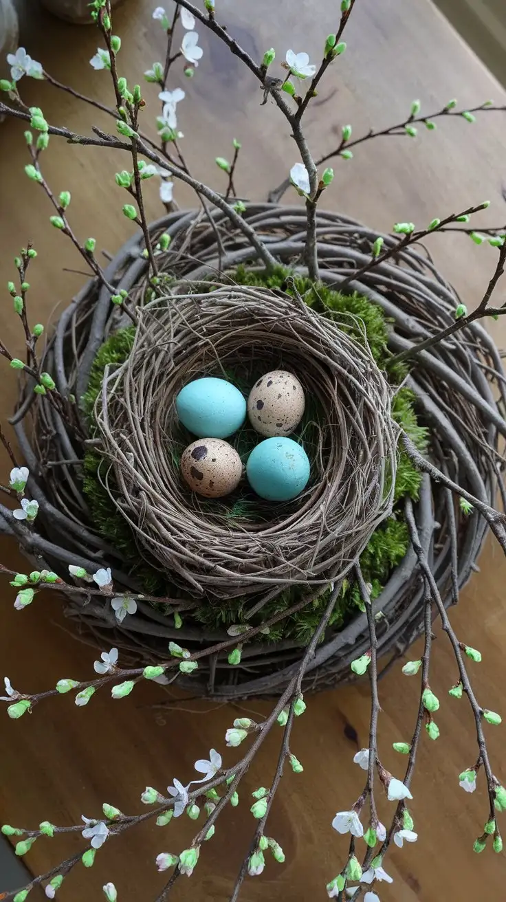 Overhead shot, rustic, natural Easter wreath, bird's nest made of twigs and moss in the center, filled with speckled robin's eggs in blue and brown tones, surrounded by a ring of budding branches with tiny green leaves and delicate white cherry blossoms, soft morning light, wooden table surface background, organic, handcrafted, spring bird nest decor, high detail, 8k