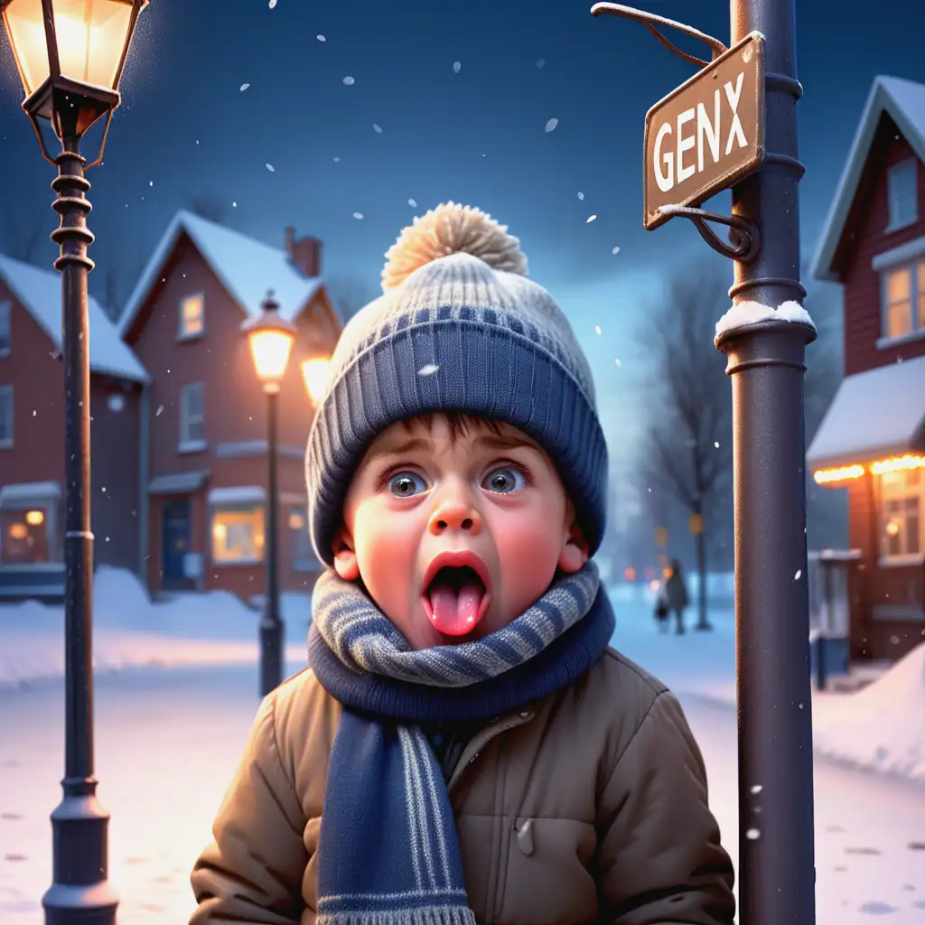 Boy-with-Tongue-Stuck-to-Frozen-Lamppost-in-Winter-Snow-Evening