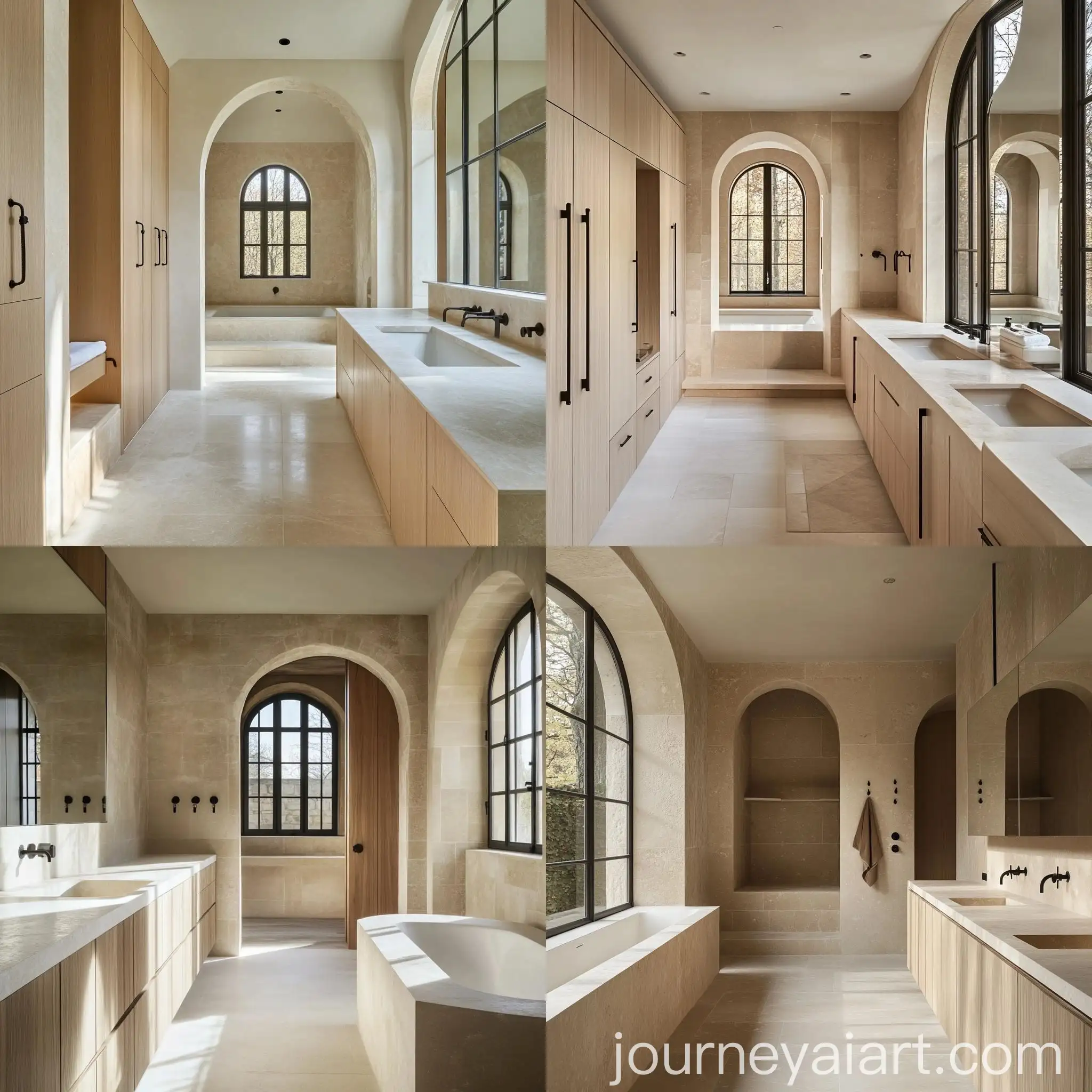 Luxurious-Bathroom-with-Beige-Limestone-and-White-Oak-Vanity
