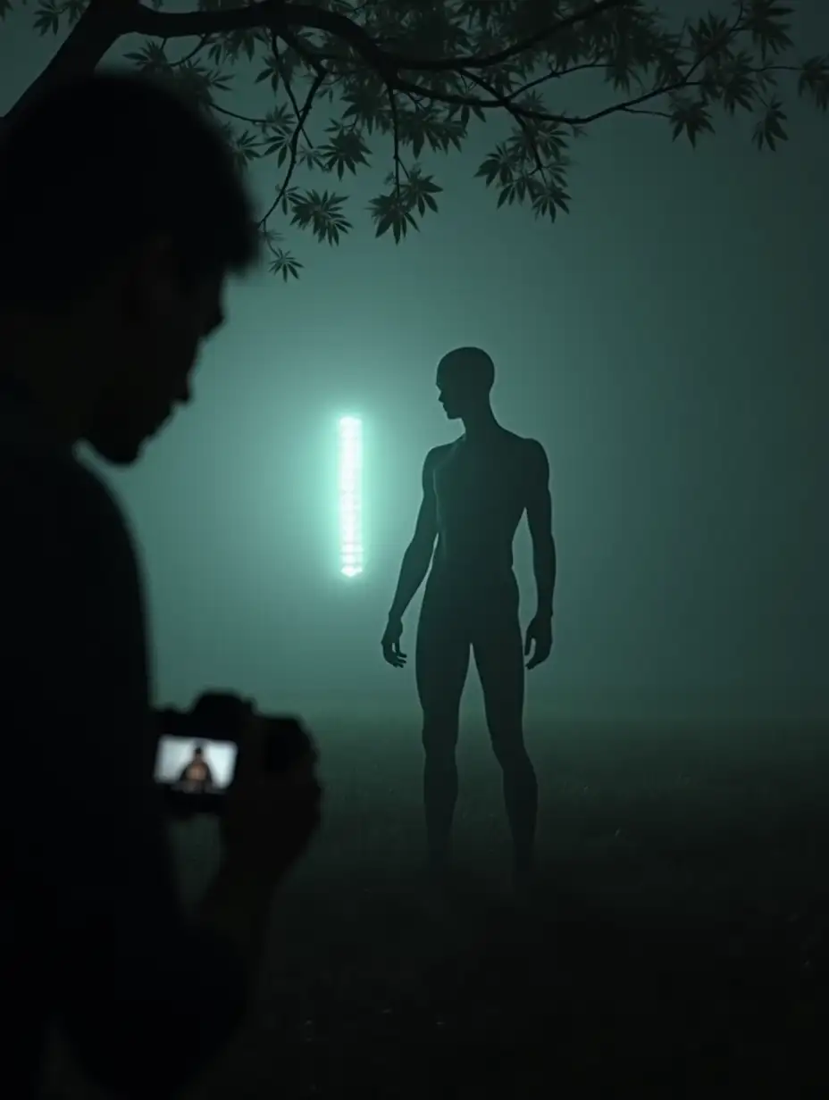 A low angle shows Joaquin hiding behind a tree in his field, his face illuminated by the faint reflection of his camera. A few feet away from him, a tall, luminous humanoid figure, with alien but humanoid features, slowly turns its head toward him. In the background, the alien artifact radiates a pulsating light, shrouding the scene in a halo of mystery.