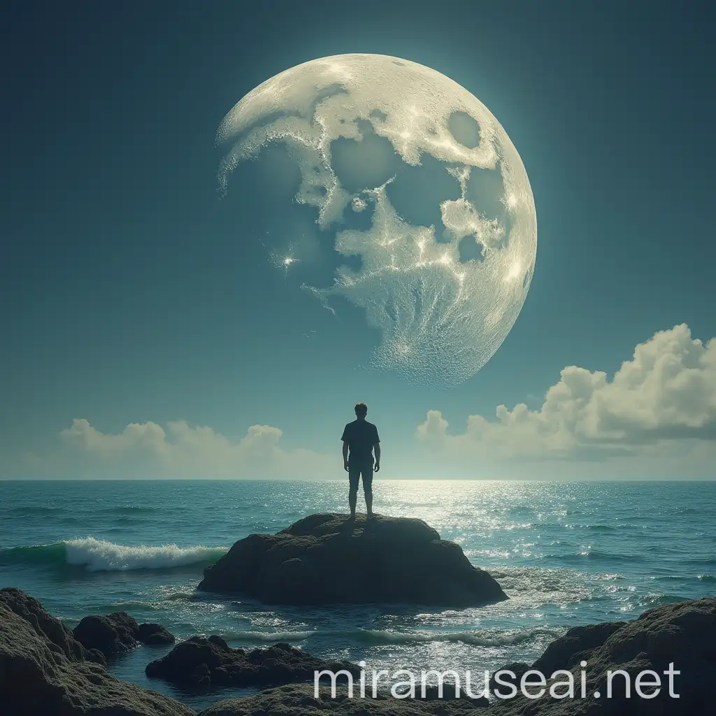 Solitary Figure on Rocky Coastline with Earth and Moon in Sky