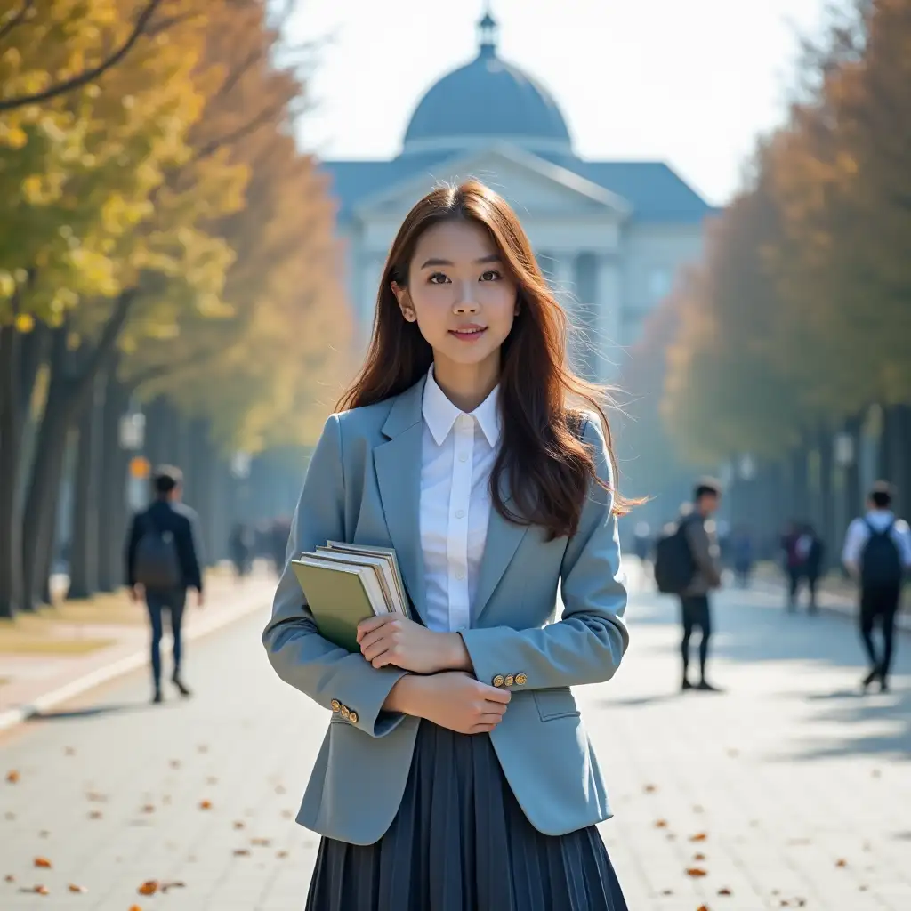 A breathtaking portrait of a 19-year-old Japanese university student standing near the main entrance of a large university building. Her long, chestnut-brown hair cascades over her shoulders, framing her delicate features. She’s wearing a slightly tight school uniform, with a light blue blazer over her white blouse, the top buttons undone to reveal her shapely figure. Her pleated skirt flows just above her knees, and she’s holding a stack of books close to her chest. Around her, fallen autumn leaves scatter across the pavement, and distant students can be seen in small groups, enjoying the crisp weather. Shot using a 35mm f/1.8 lens at ISO 200, capturing the entire scene with incredible clarity. The natural afternoon light bathes the scene in a soft glow, creating a warm and inviting atmosphere.