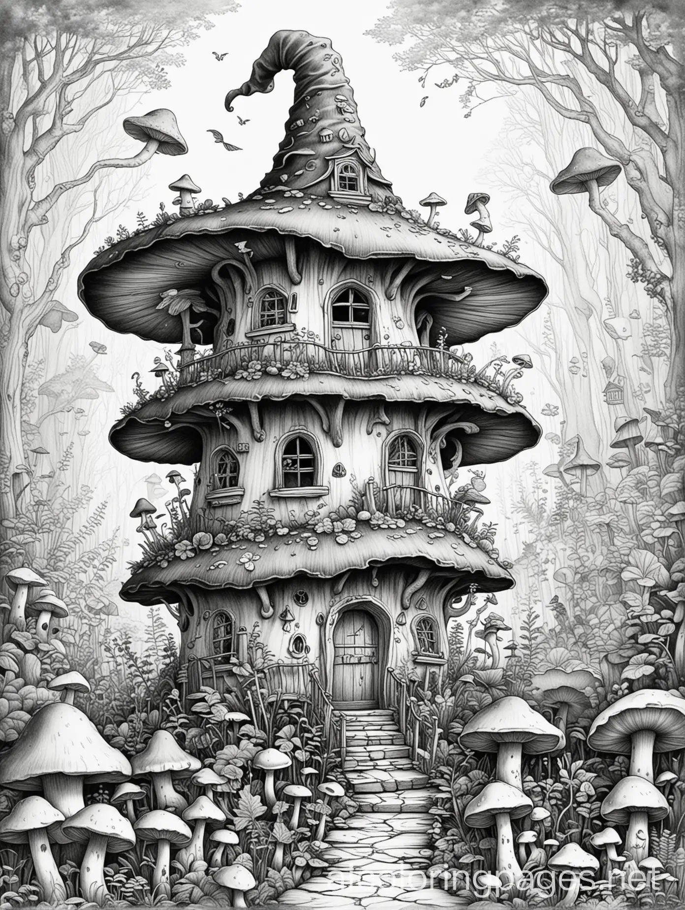 Scary-Fantasy-House-with-Witch-Hat-Top-Coloring-Page