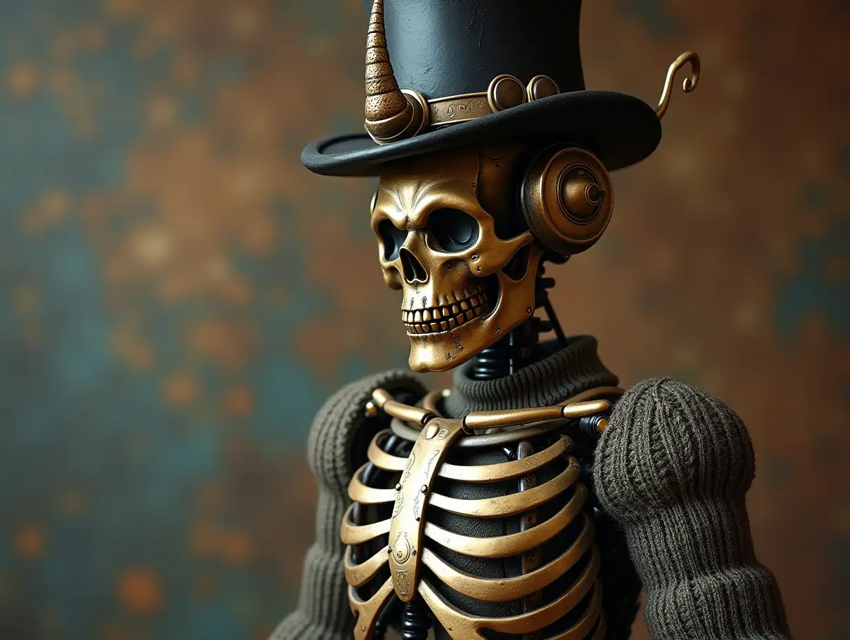 Create a high-resolution, realistic image of a robot with a skeletal body, golden porcelain hands and head, a sweater, a Steampunk top hat and a horn in 4K resolution (Steampunk 8K quality)